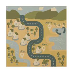 Stylish cartoon landscape vacation travel map wood wall art