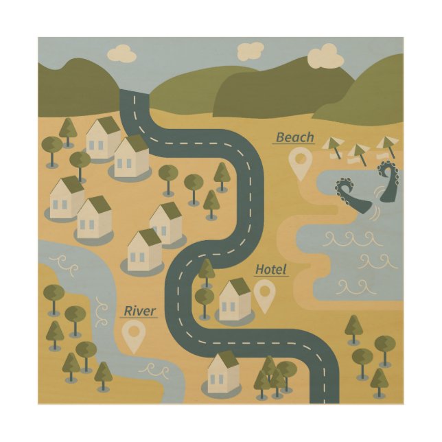Stylish cartoon landscape vacation travel map wood wall art (Front)