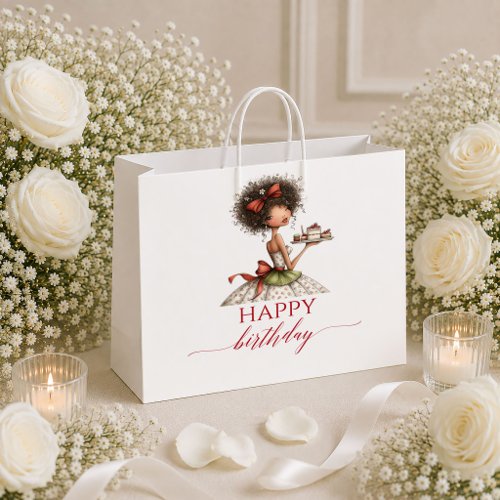 Stylish Cartoon Woman Burgundy Script Birthday gif Large Gift Bag