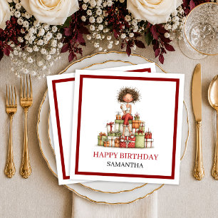 Stylish Cartoon Woman Burgundy Script Birthday Nap Napkins