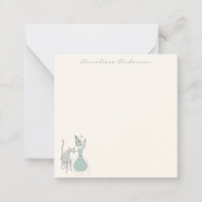Stylish Cat Botanical Illustration Pastel Custom Note Card (Front)