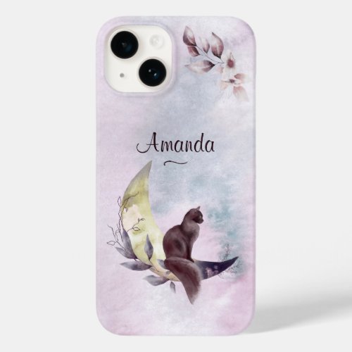 Stylish Cat Crescent Moon Purple Pastel Watercolor Case_Mate iPhone 14 Case