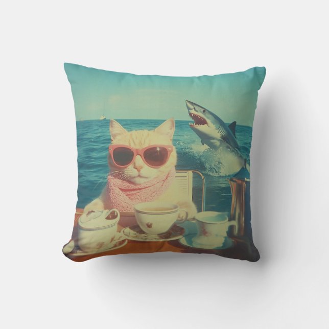 Stylish Cat’s Ocean Tea Party Throw Pillow (Front)