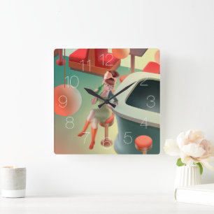 Stylish Cat with Bottle Sitting at Bar Square Wall Clock