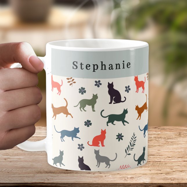 Stylish Cats Pattern Personalized Coffee Mug (A personalized coffee mug, with a pattern of cat silhouettes in warm and neutral colors)