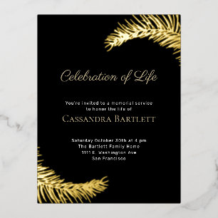 Stylish Celebration of Life Black  Gold Leaves Foil Invitation Postcard