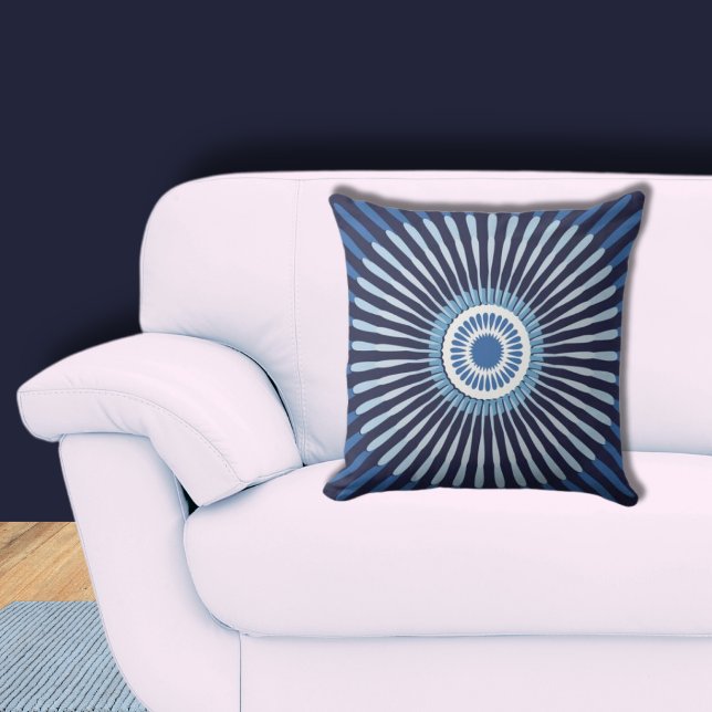 Stylish Centered Blue Star Flower Throw Pillow (Floral Star Pattern, Dark Blue Pillow)