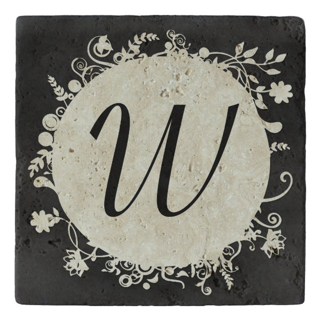 Stylish Chalkboard Gray Monogram Stone Trivet (Front)