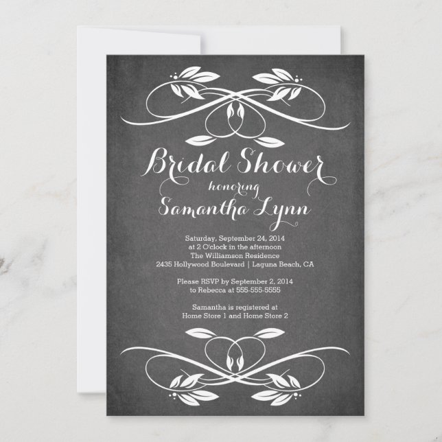 Stylish Chalkboard Leaf Flourish Bridal Shower Invitation (Front)