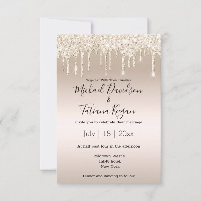stylish champagne dripping glitters wedding invitation (Front)