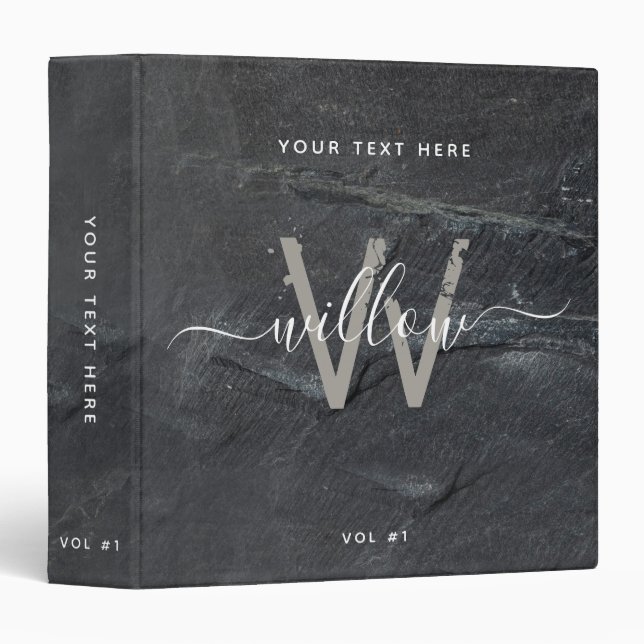 Stylish Charcoal Gray Stone Script Monogram 3 Ring Binder (Front/Spine)