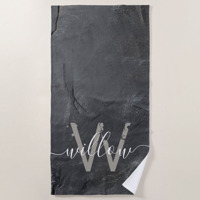 Stylish Charcoal Gray Stone Script Monogram  Beach Towel (Front)