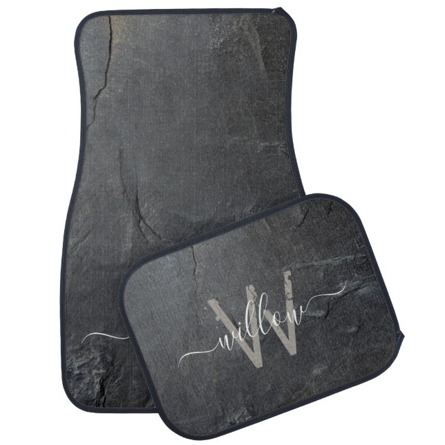 Stylish Charcoal Gray Stone Script Monogram Car Floor Mat (Set)