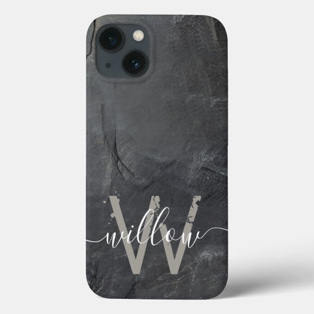 Stylish Charcoal Gray Stone Script Monogram Case-Mate iPhone Case (Back)
