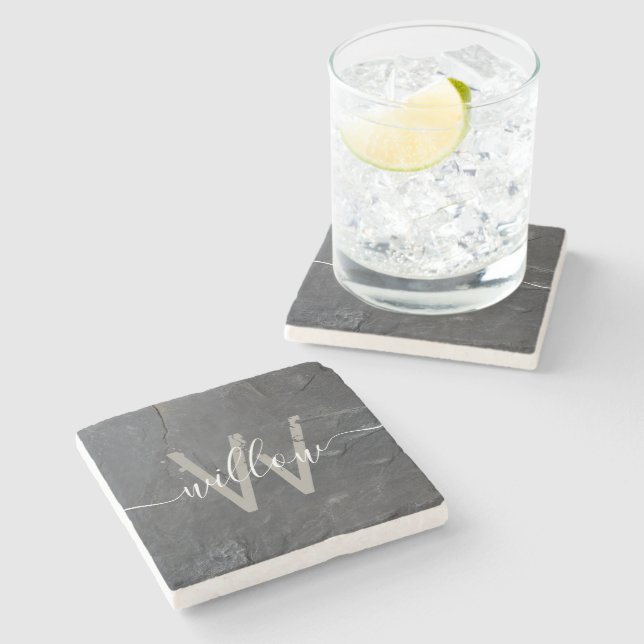 Stylish Charcoal Gray Stone Script Monogram Coaster (Side)