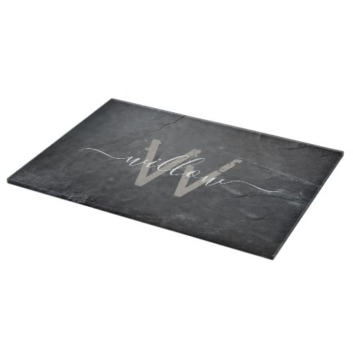 Stylish Charcoal Gray Stone Script Monogram Cutting Board