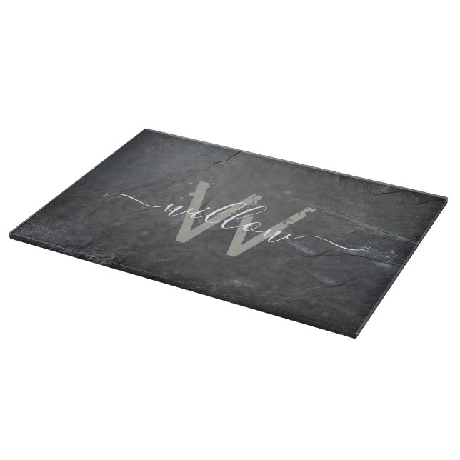Stylish Charcoal Gray Stone Script Monogram Cutting Board (Corner)