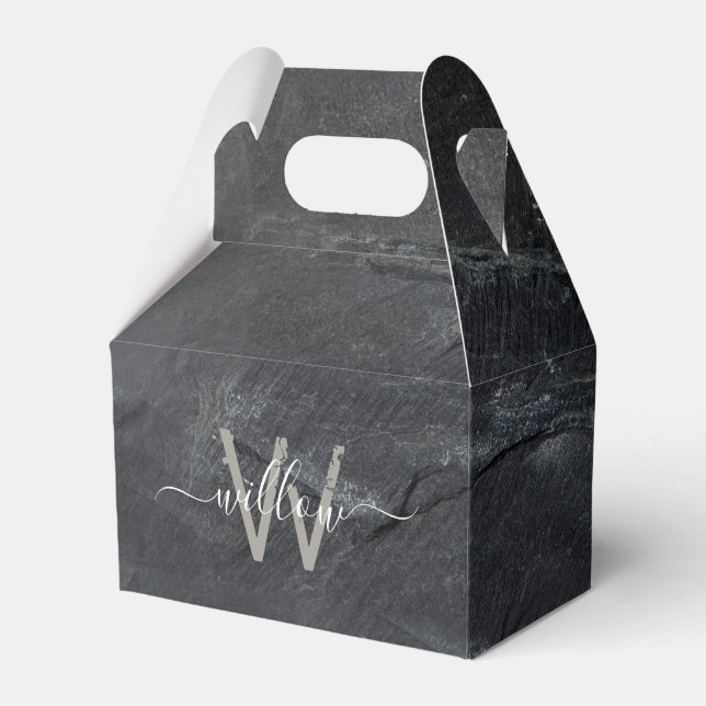 Stylish Charcoal Gray Stone Script Monogram Favor Boxes (Front Side)