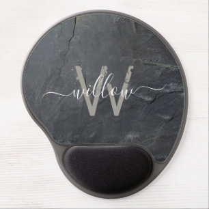 Stylish Charcoal Gray Stone Script Monogram Gel Mouse Pad