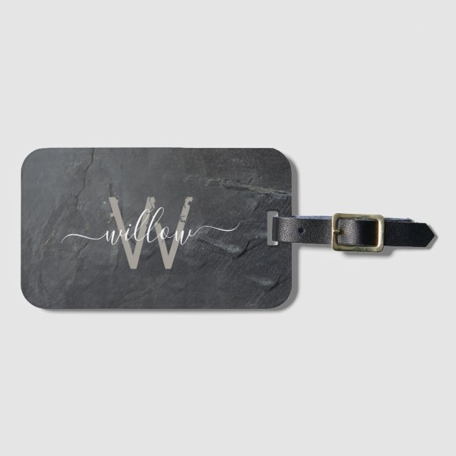 Stylish Charcoal Gray Stone Script Monogram Luggage Tag (Front Horizontal)