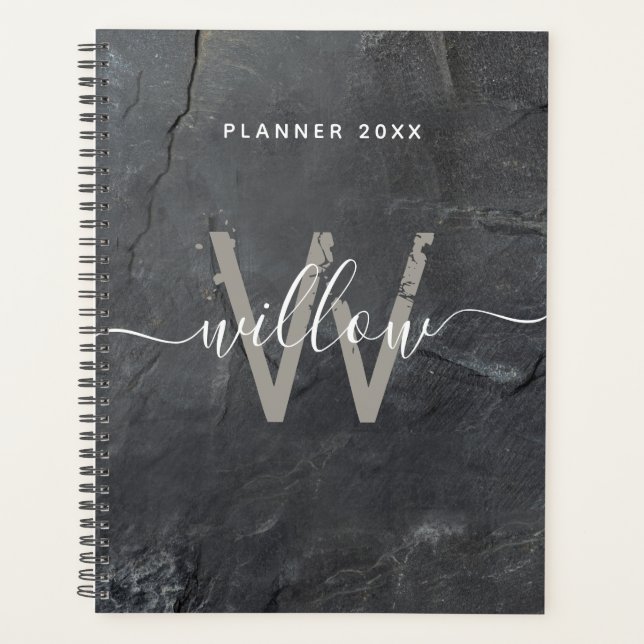 Stylish Charcoal Gray Stone Script Monogram Planner (Front)