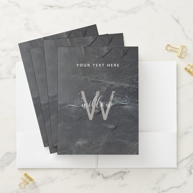 Stylish Charcoal Gray Stone Script Monogram Pocket Folder (In Situ)