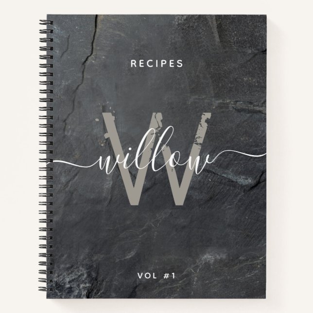 Stylish Charcoal Gray Stone Script Monogram Recipe Notebook (Front)