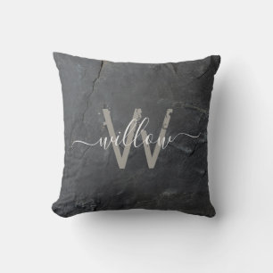 Stylish Charcoal Gray Stone Script Monogram Throw Pillow