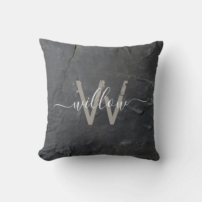 Stylish Charcoal Gray Stone Script Monogram Throw Pillow (Front)