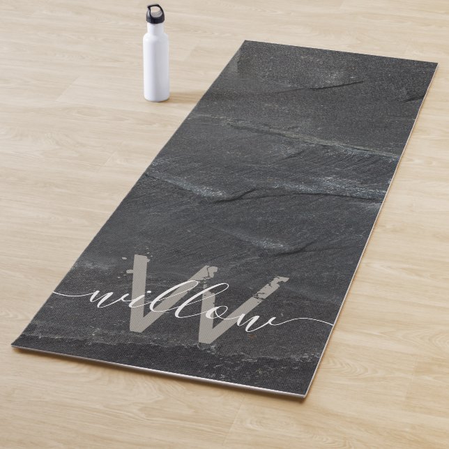 Stylish Charcoal Gray Stone Script Monogram Yoga Mat (In Situ)