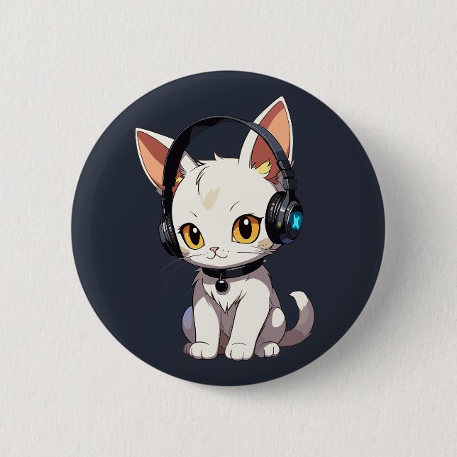 Stylish Charming Cat in Headphones Button (Front)