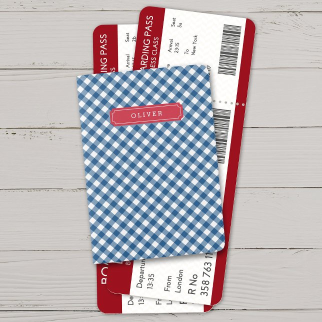 Stylish Checkered Blue Gingham Monogram Passport Holder (Creator Uploaded)