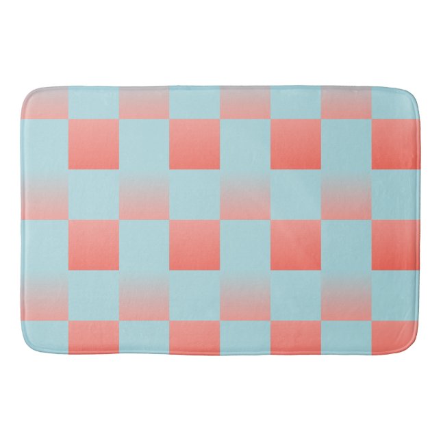 Stylish checkered gradient powder blue coral pink bath mat (Front)