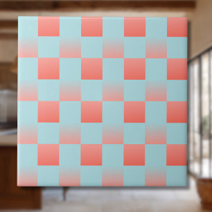 Stylish checkered gradient powder blue coral pink ceramic tile