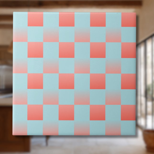 Stylish checkered gradient powder blue coral pink ceramic tile (Creator Uploaded)