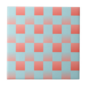 Stylish checkered gradient powder blue coral pink ceramic tile