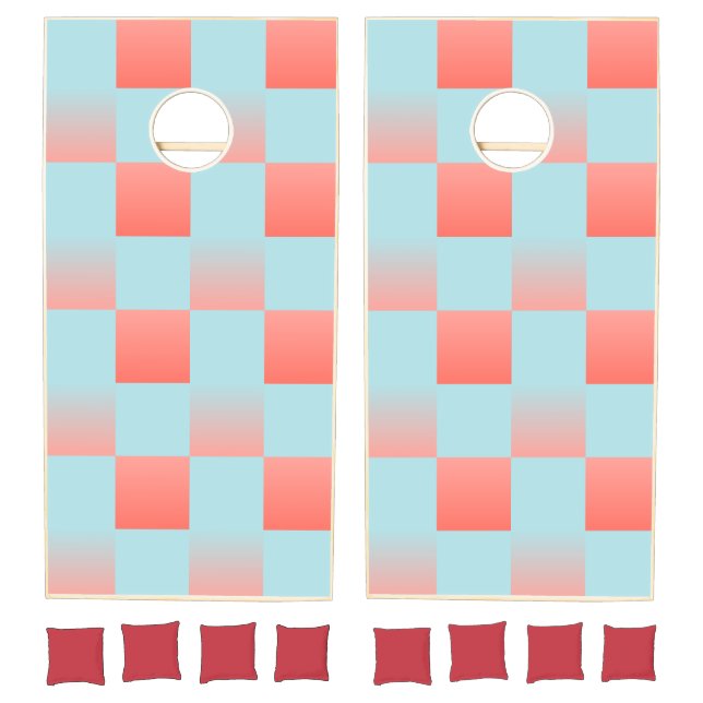 Stylish checkered gradient powder blue coral pink cornhole set (Set)