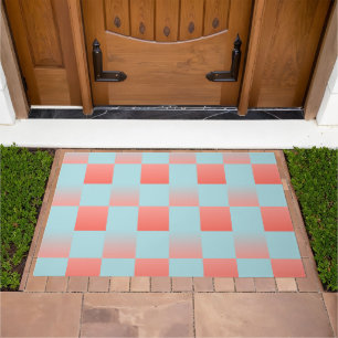 Stylish checkered gradient powder blue coral pink doormat
