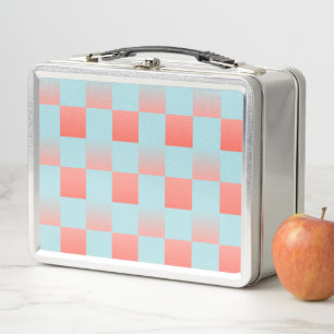 Stylish checkered gradient powder blue coral pink metal lunch box