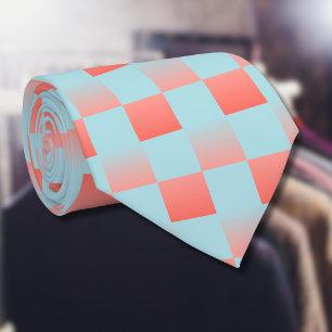 Stylish checkered gradient powder blue coral pink neck tie