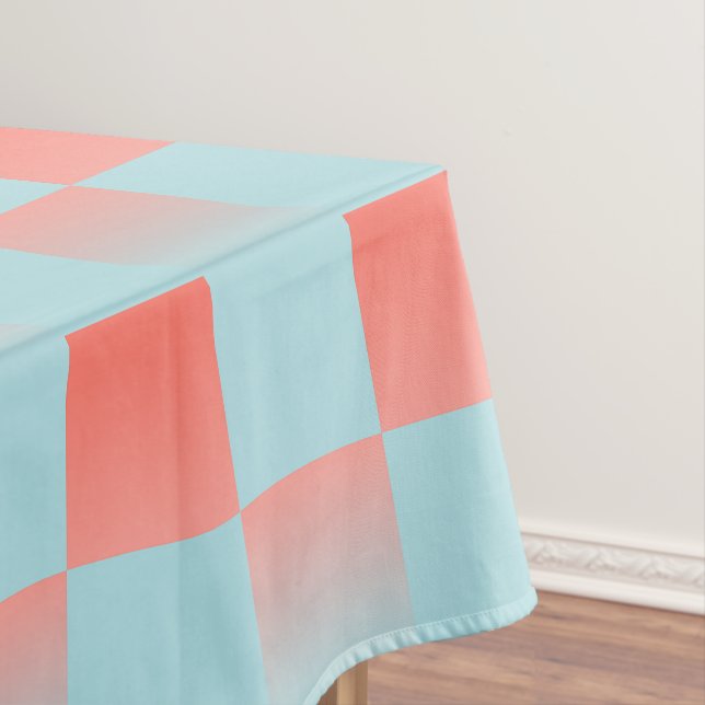 Stylish checkered gradient powder blue coral pink tablecloth (In Situ)