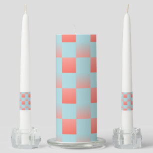 Stylish checkered gradient powder blue coral pink unity candle set
