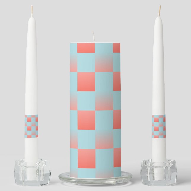 Stylish checkered gradient powder blue coral pink unity candle set (Front)
