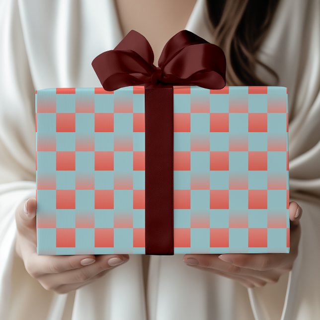 Stylish checkered gradient powder blue coral pink wrapping paper (Creator Uploaded)