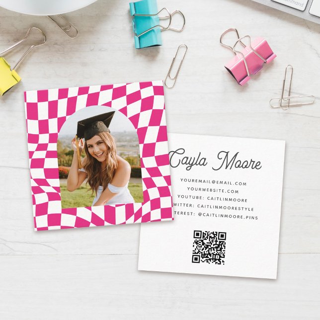 Stylish Checkered Social Media or Graduation Photo Square Business Card (Creator Uploaded)