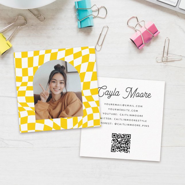 Stylish Checkered Social Media or Graduation Photo Square Business Card (Creator Uploaded)