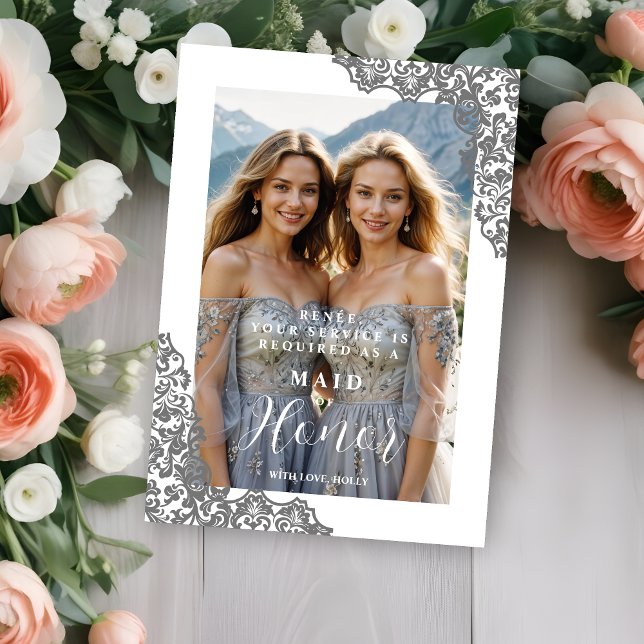 Stylish Cherished Bridesmaid Lace Corner Photo (Stylish Cherish Maid | Matron of Honor Lace Corner Effect Photo Wedding Proposal Cards. )
