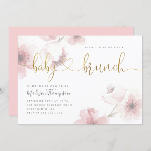 Stylish Cherry Blossom Gold Baby Brunch Shower Invitation