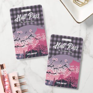 Stylish Cherry Blossom Hall Pass Customizable Badge