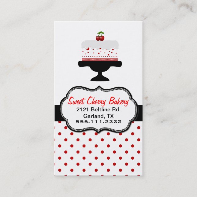 Stylish Cherry Cake Custom Bakery Business Card (Front)
